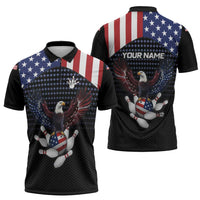 Custom Patriotic Bowling Zipper Polo Shirt with Bald Eagle, American Flag Bowling Ball - Wonder Print Shop