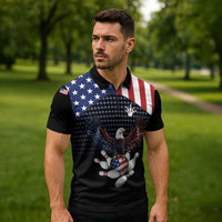 Custom Patriotic Bowling Zipper Polo Shirt with Bald Eagle, American Flag Bowling Ball - Wonder Print Shop