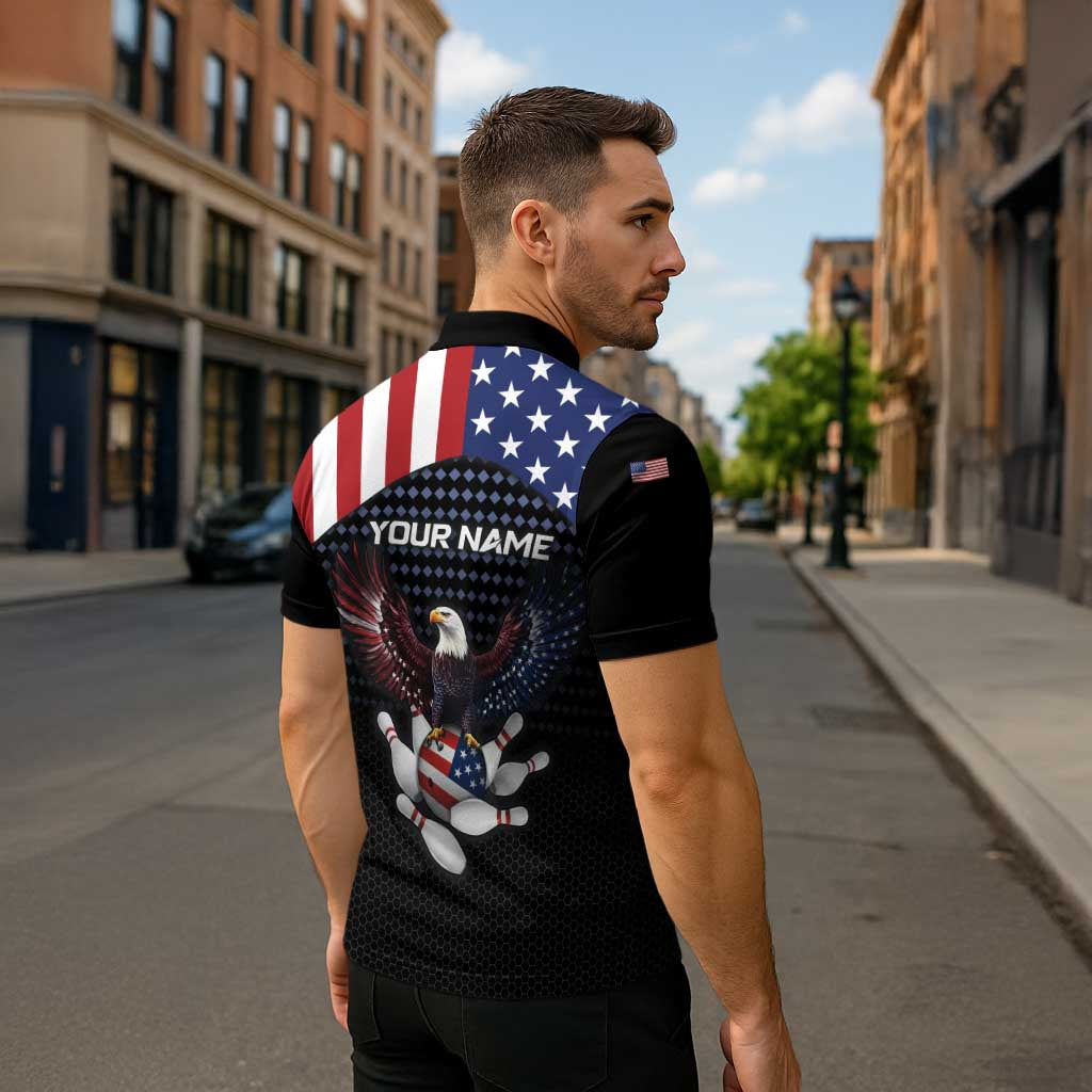 Custom Patriotic Bowling Zipper Polo Shirt with Bald Eagle, American Flag Bowling Ball - Wonder Print Shop