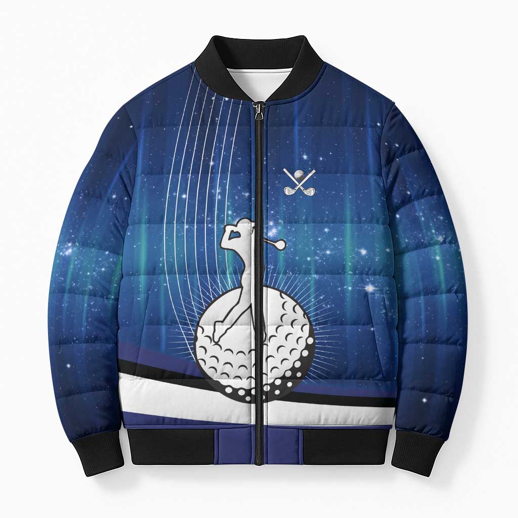 Custom Galaxy Golf Bomber Puffer Jacket with Golfer Silhouette, Golf Ball Design - Wonder Print Shop
