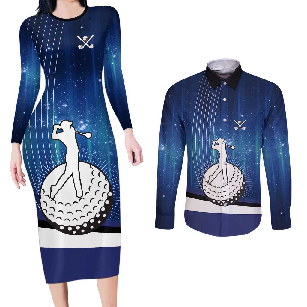 Custom Galaxy Golf Couples Matching Long Sleeve Bodycon Dress and Long Sleeve Button Shirt with Golfer Silhouette, Golf Ball Design - Wonder Print Shop