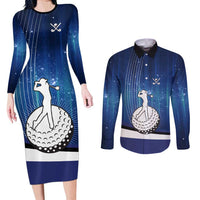Custom Galaxy Golf Couples Matching Long Sleeve Bodycon Dress and Long Sleeve Button Shirt with Golfer Silhouette, Golf Ball Design - Wonder Print Shop