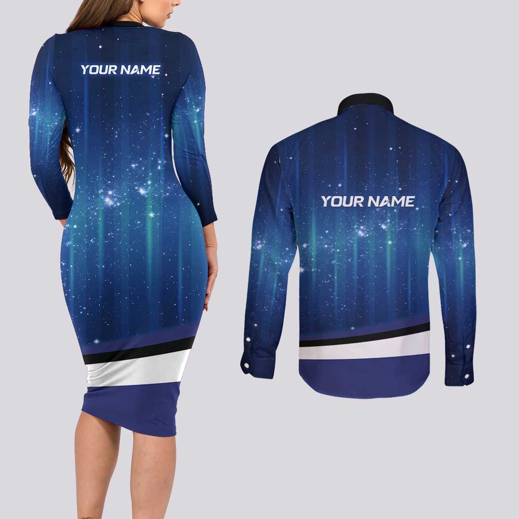Custom Galaxy Golf Couples Matching Long Sleeve Bodycon Dress and Long Sleeve Button Shirt with Golfer Silhouette, Golf Ball Design - Wonder Print Shop