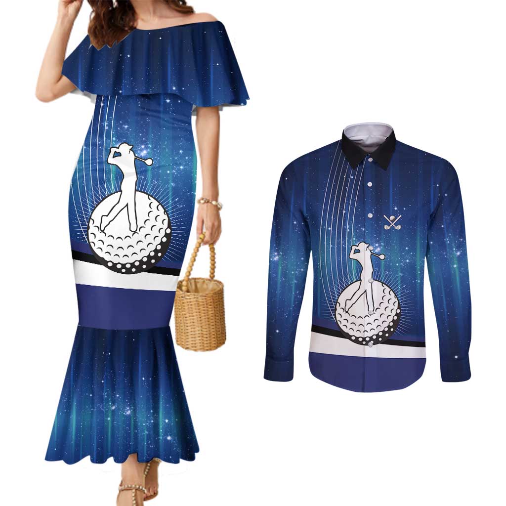 Custom Galaxy Golf Couples Matching Mermaid Dress and Long Sleeve Button Shirt with Golfer Silhouette, Golf Ball Design - Wonder Print Shop