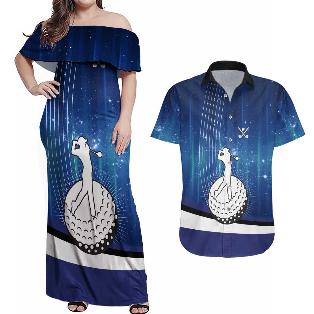 Custom Galaxy Golf Couples Matching Off Shoulder Maxi Dress and Hawaiian Shirt with Golfer Silhouette, Golf Ball Design - Wonder Print Shop
