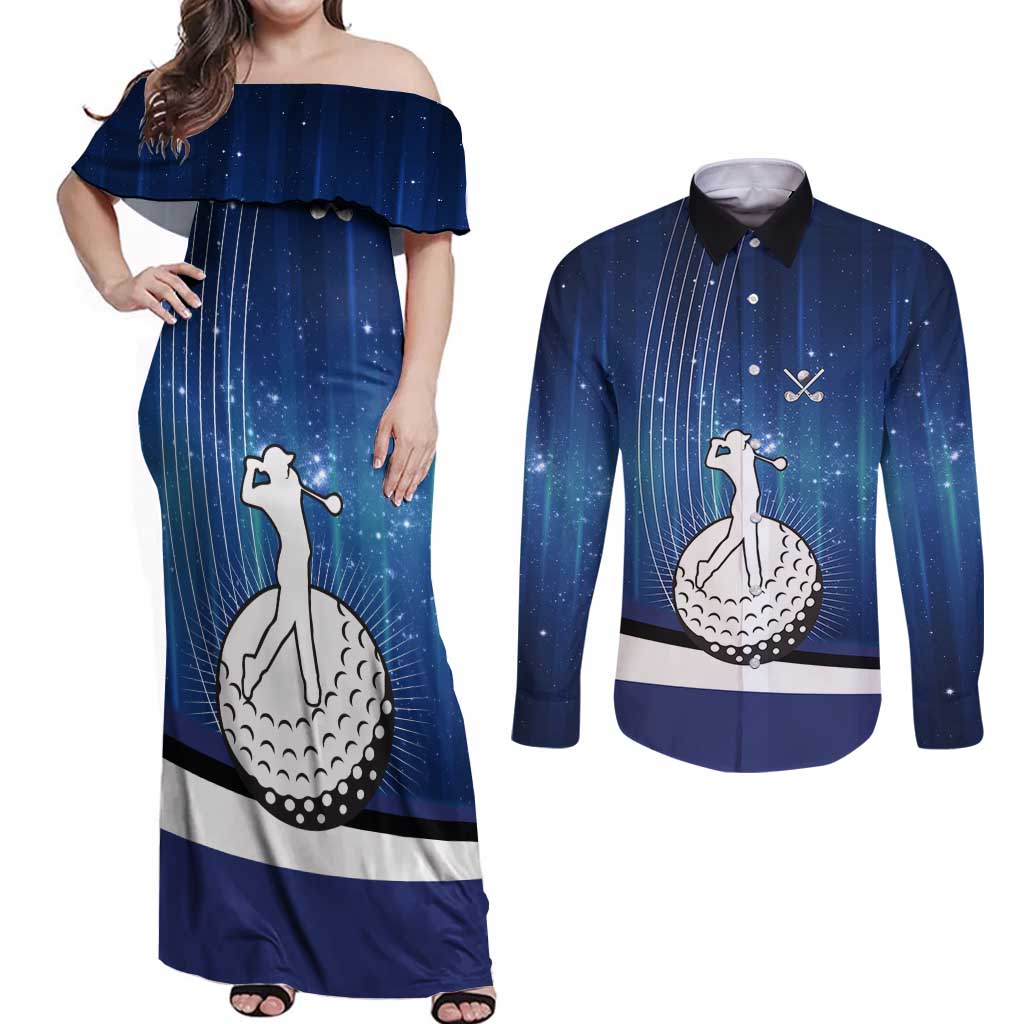 Custom Galaxy Golf Couples Matching Off Shoulder Maxi Dress and Long Sleeve Button Shirt with Golfer Silhouette, Golf Ball Design - Wonder Print Shop