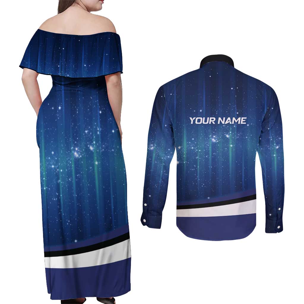 Custom Galaxy Golf Couples Matching Off Shoulder Maxi Dress and Long Sleeve Button Shirt with Golfer Silhouette, Golf Ball Design - Wonder Print Shop