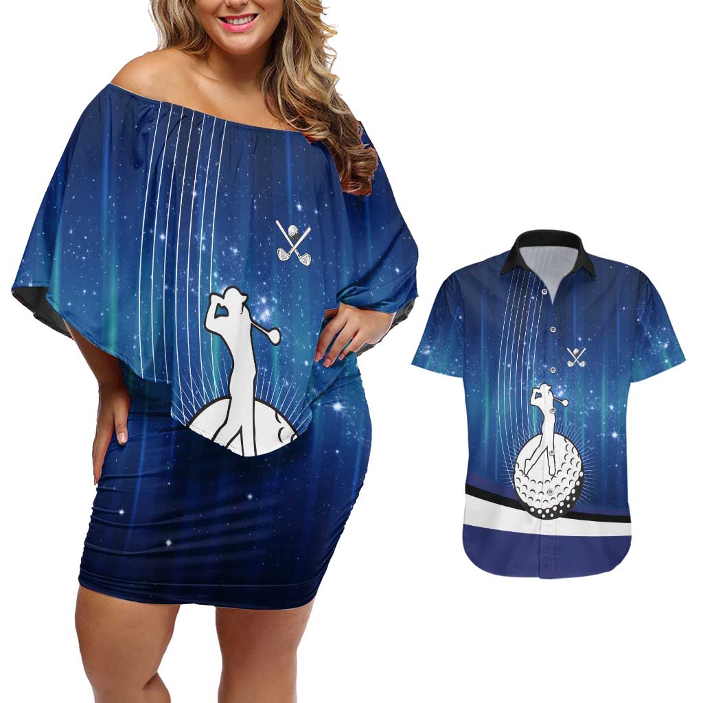 Custom Galaxy Golf Couples Matching Off Shoulder Short Dress and Hawaiian Shirt with Golfer Silhouette, Golf Ball Design - Wonder Print Shop