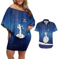 Custom Galaxy Golf Couples Matching Off Shoulder Short Dress and Hawaiian Shirt with Golfer Silhouette, Golf Ball Design - Wonder Print Shop