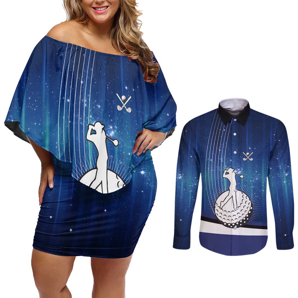 Custom Galaxy Golf Couples Matching Off Shoulder Short Dress and Long Sleeve Button Shirt with Golfer Silhouette, Golf Ball Design - Wonder Print Shop