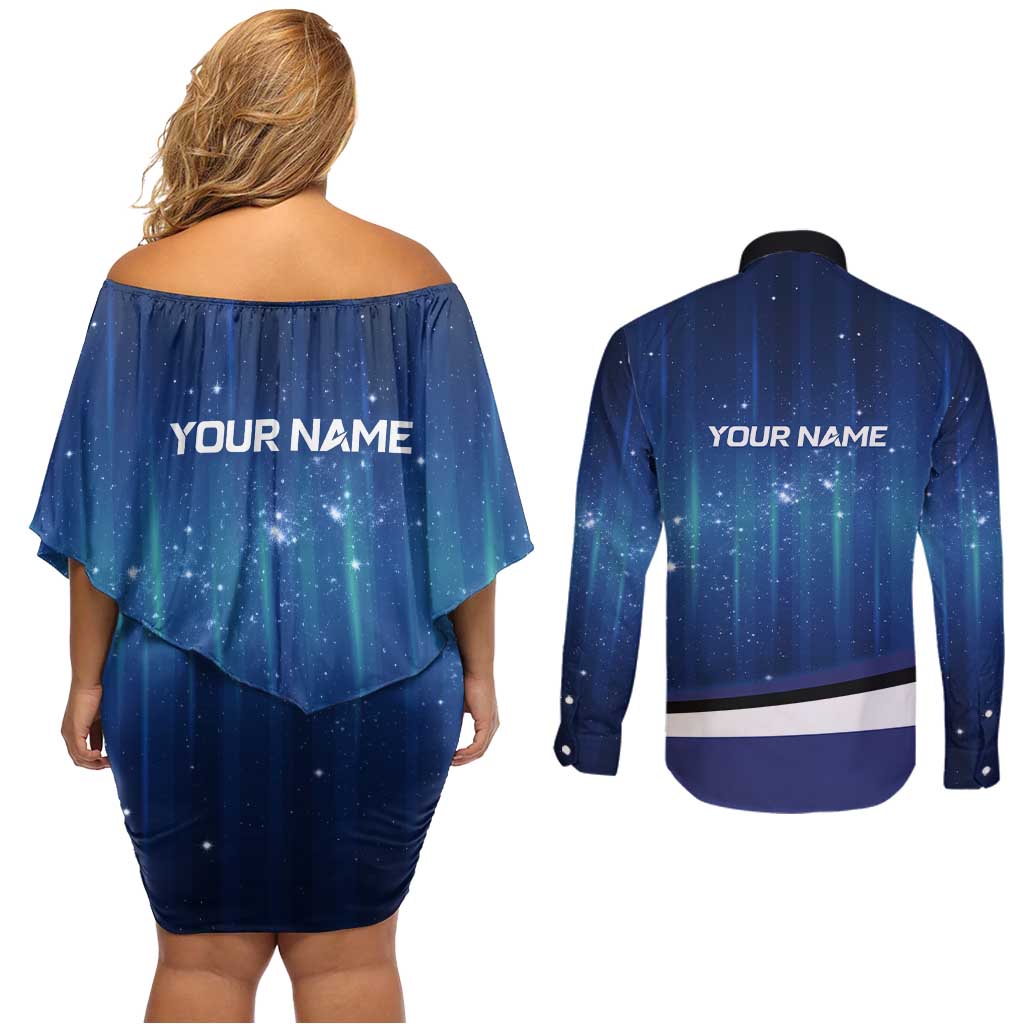 Custom Galaxy Golf Couples Matching Off Shoulder Short Dress and Long Sleeve Button Shirt with Golfer Silhouette, Golf Ball Design - Wonder Print Shop