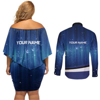 Custom Galaxy Golf Couples Matching Off Shoulder Short Dress and Long Sleeve Button Shirt with Golfer Silhouette, Golf Ball Design - Wonder Print Shop