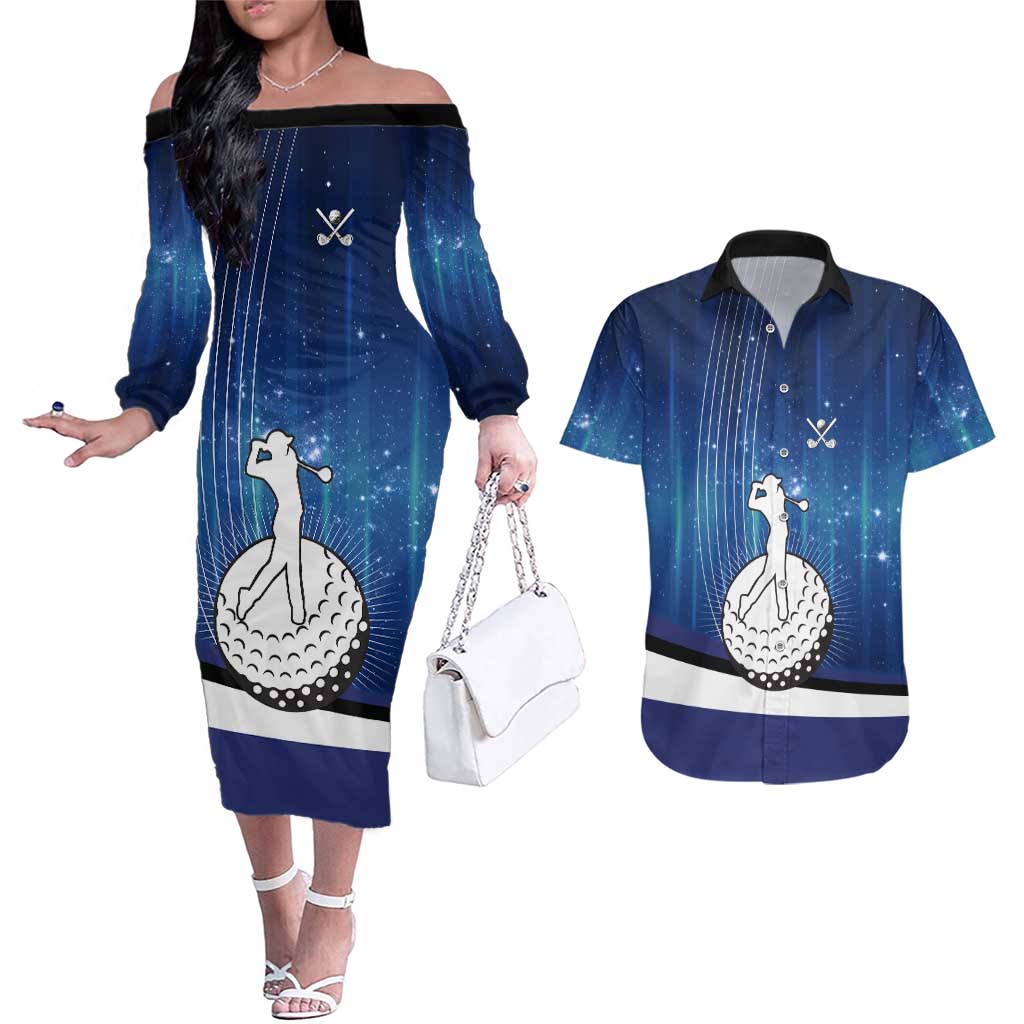 Custom Galaxy Golf Couples Matching Off The Shoulder Long Sleeve Dress and Hawaiian Shirt with Golfer Silhouette, Golf Ball Design - Wonder Print Shop