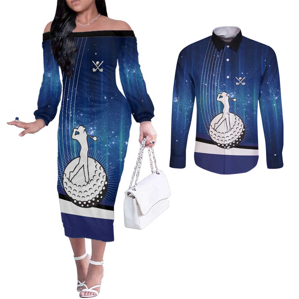 Custom Galaxy Golf Couples Matching Off The Shoulder Long Sleeve Dress and Long Sleeve Button Shirt with Golfer Silhouette, Golf Ball Design - Wonder Print Shop