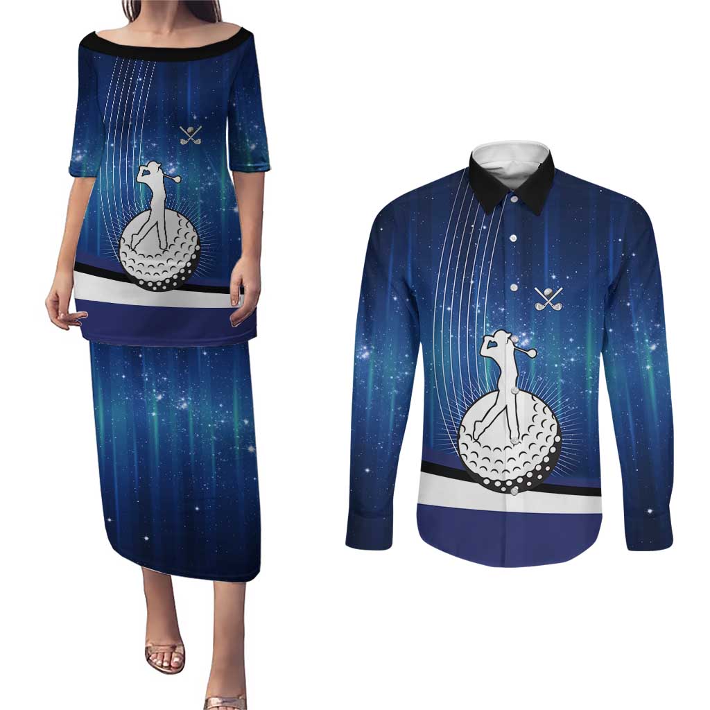 Custom Galaxy Golf Couples Matching Puletasi and Long Sleeve Button Shirt with Golfer Silhouette, Golf Ball Design - Wonder Print Shop