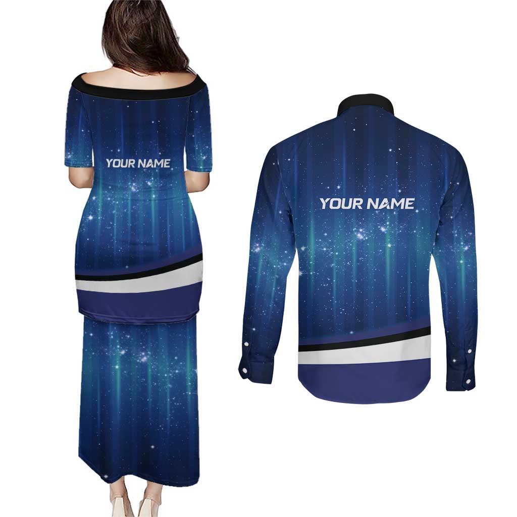 Custom Galaxy Golf Couples Matching Puletasi and Long Sleeve Button Shirt with Golfer Silhouette, Golf Ball Design - Wonder Print Shop
