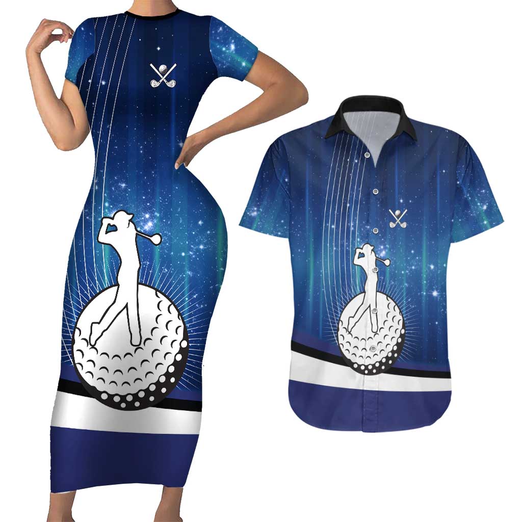 Custom Galaxy Golf Couples Matching Short Sleeve Bodycon Dress and Hawaiian Shirt with Golfer Silhouette, Golf Ball Design - Wonder Print Shop