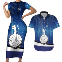 Custom Galaxy Golf Couples Matching Short Sleeve Bodycon Dress and Hawaiian Shirt with Golfer Silhouette, Golf Ball Design - Wonder Print Shop