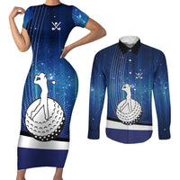 Custom Galaxy Golf Couples Matching Short Sleeve Bodycon Dress and Long Sleeve Button Shirt with Golfer Silhouette, Golf Ball Design - Wonder Print Shop