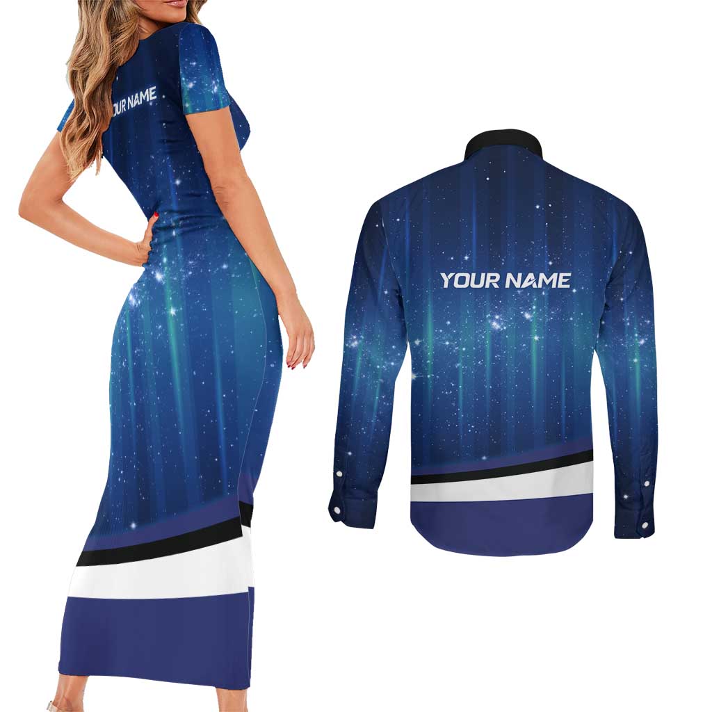 Custom Galaxy Golf Couples Matching Short Sleeve Bodycon Dress and Long Sleeve Button Shirt with Golfer Silhouette, Golf Ball Design - Wonder Print Shop