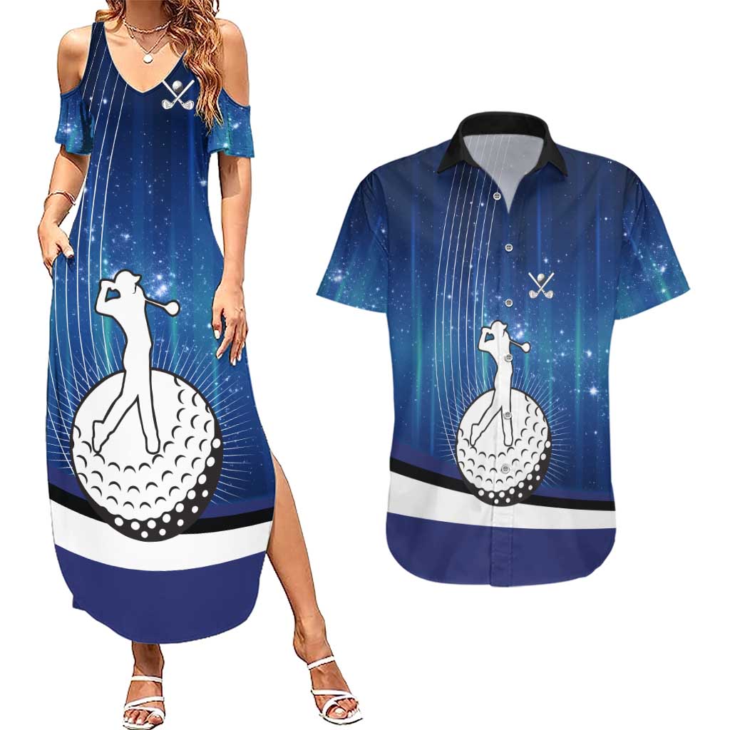 Custom Galaxy Golf Couples Matching Summer Maxi Dress and Hawaiian Shirt with Golfer Silhouette, Golf Ball Design - Wonder Print Shop