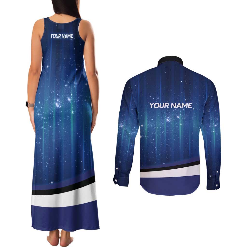Custom Galaxy Golf Couples Matching Tank Maxi Dress and Long Sleeve Button Shirt with Golfer Silhouette, Golf Ball Design - Wonder Print Shop