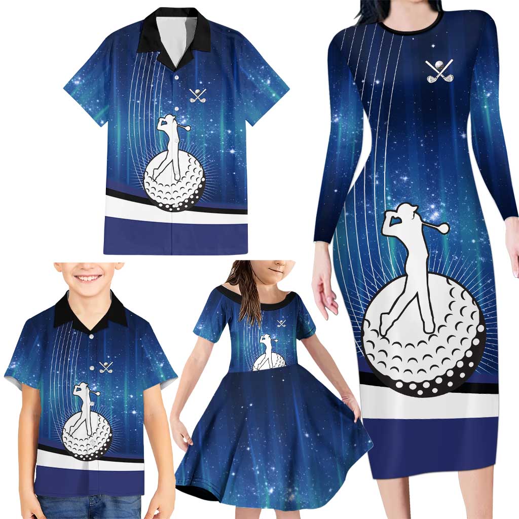 Custom Galaxy Golf Family Matching Long Sleeve Bodycon Dress and Hawaiian Shirt with Golfer Silhouette, Golf Ball Design - Wonder Print Shop