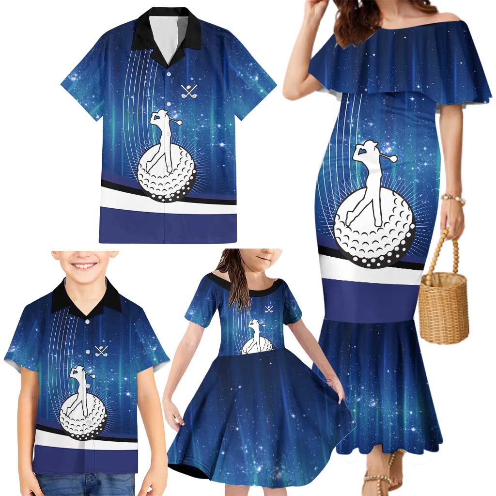 Custom Galaxy Golf Family Matching Mermaid Dress and Hawaiian Shirt with Golfer Silhouette, Golf Ball Design - Wonder Print Shop