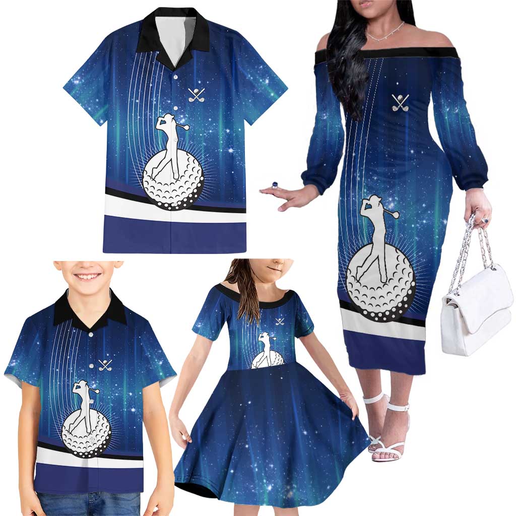 Custom Galaxy Golf Family Matching Off The Shoulder Long Sleeve Dress and Hawaiian Shirt with Golfer Silhouette, Golf Ball Design - Wonder Print Shop