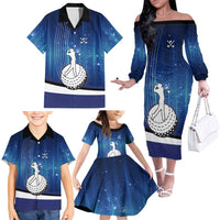 Custom Galaxy Golf Family Matching Off The Shoulder Long Sleeve Dress and Hawaiian Shirt with Golfer Silhouette, Golf Ball Design - Wonder Print Shop