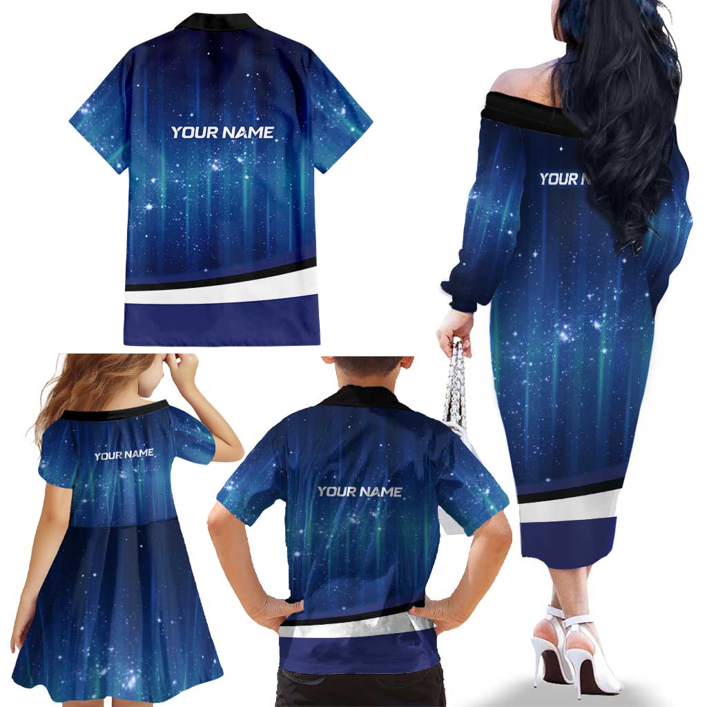 Custom Galaxy Golf Family Matching Off The Shoulder Long Sleeve Dress and Hawaiian Shirt with Golfer Silhouette, Golf Ball Design - Wonder Print Shop