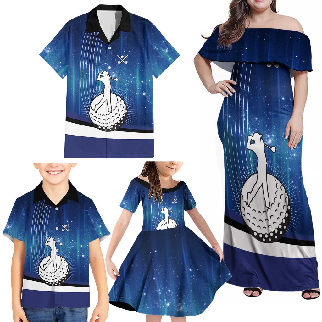Custom Galaxy Golf Family Matching Off Shoulder Maxi Dress and Hawaiian Shirt with Golfer Silhouette, Golf Ball Design - Wonder Print Shop