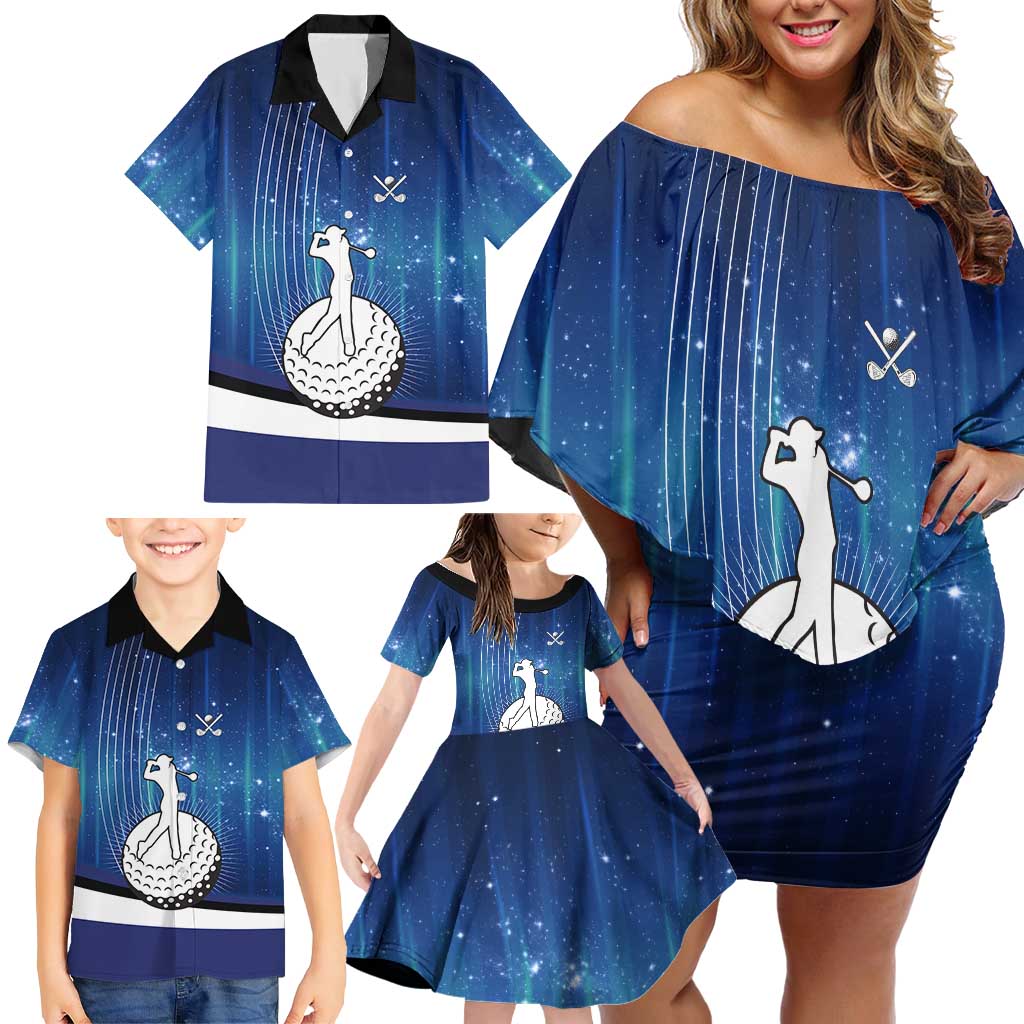 Custom Galaxy Golf Family Matching Off Shoulder Short Dress and Hawaiian Shirt with Golfer Silhouette, Golf Ball Design - Wonder Print Shop