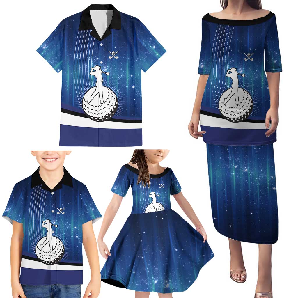 Custom Galaxy Golf Family Matching Puletasi and Hawaiian Shirt with Golfer Silhouette, Golf Ball Design - Wonder Print Shop