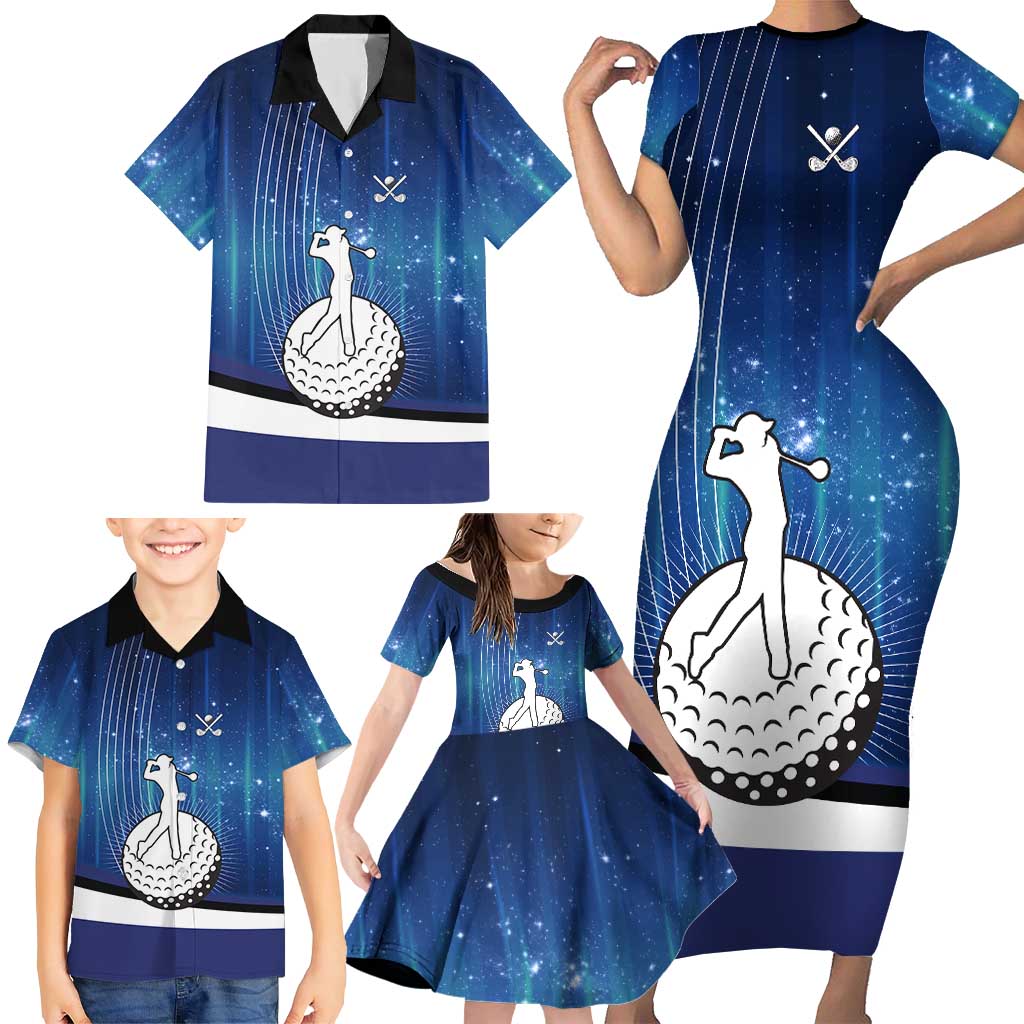 Custom Galaxy Golf Family Matching Short Sleeve Bodycon Dress and Hawaiian Shirt with Golfer Silhouette, Golf Ball Design - Wonder Print Shop