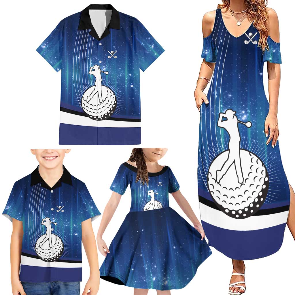 Custom Galaxy Golf Family Matching Summer Maxi Dress and Hawaiian Shirt with Golfer Silhouette, Golf Ball Design - Wonder Print Shop