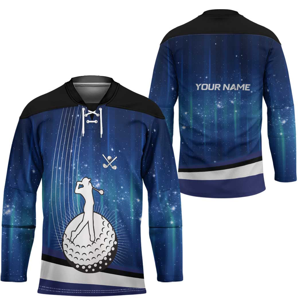 Custom Galaxy Golf Hockey Jersey with Golfer Silhouette, Golf Ball Design - Wonder Print Shop