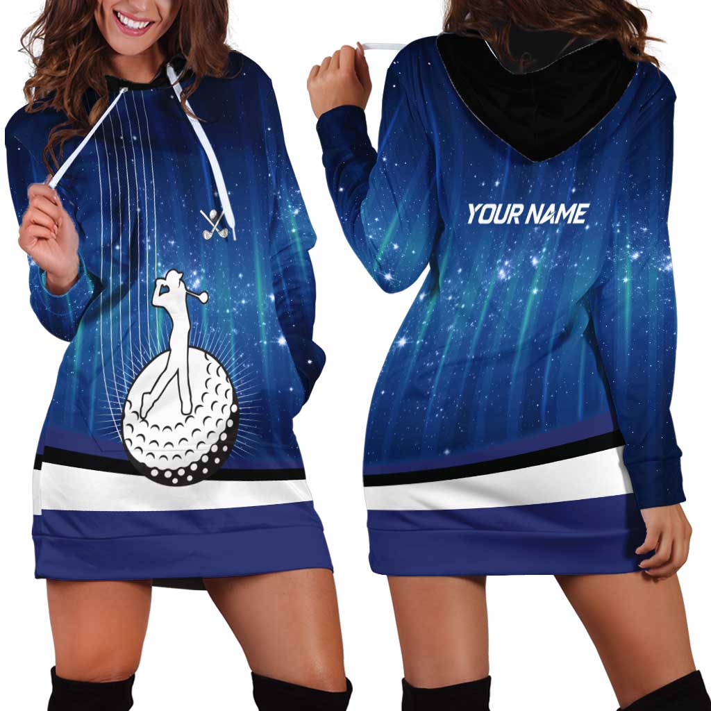 Custom Galaxy Golf Hoodie Dress with Golfer Silhouette, Golf Ball Design - Wonder Print Shop