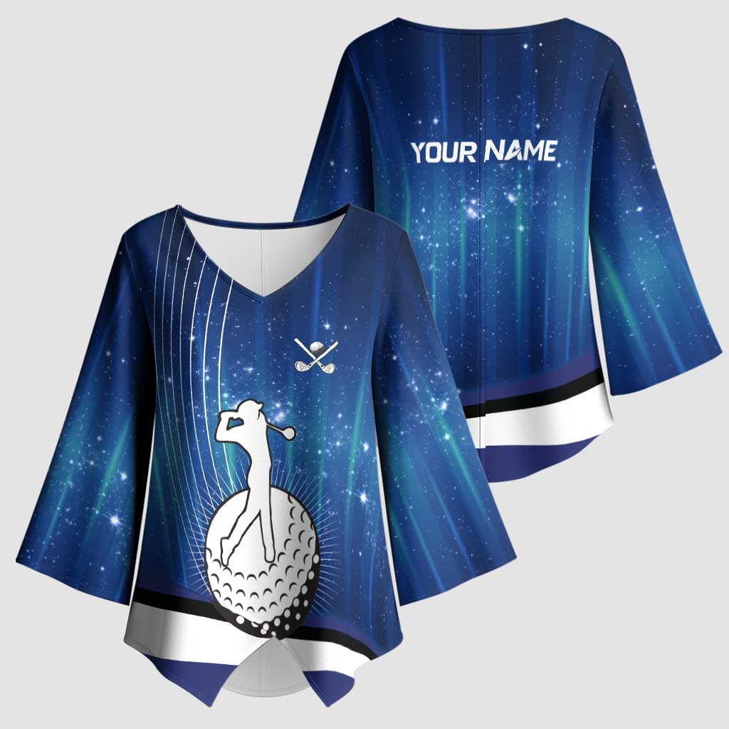 Custom Galaxy Golf Kimono Sleeve Blouse with Golfer Silhouette, Golf Ball Design - Wonder Print Shop