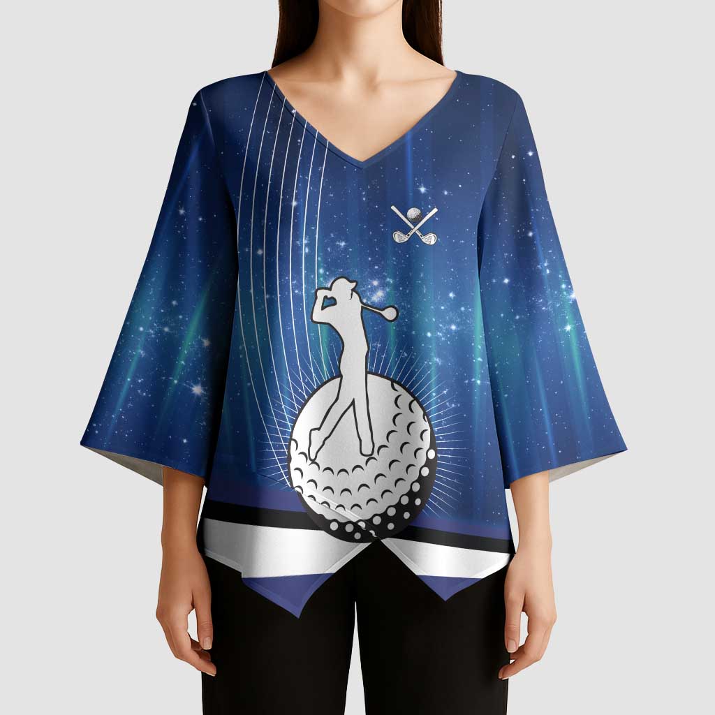Custom Galaxy Golf Kimono Sleeve Blouse with Golfer Silhouette, Golf Ball Design - Wonder Print Shop
