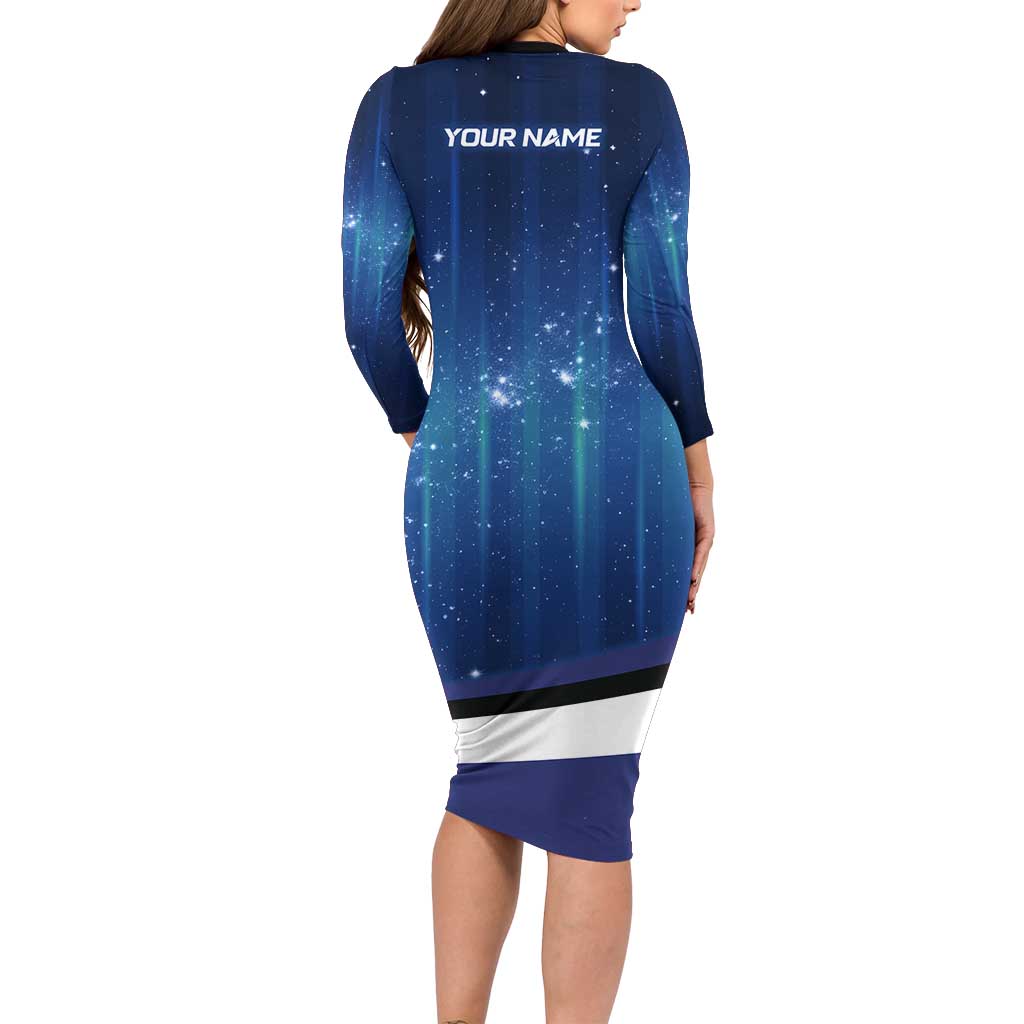Custom Galaxy Golf Long Sleeve Bodycon Dress with Golfer Silhouette, Golf Ball Design