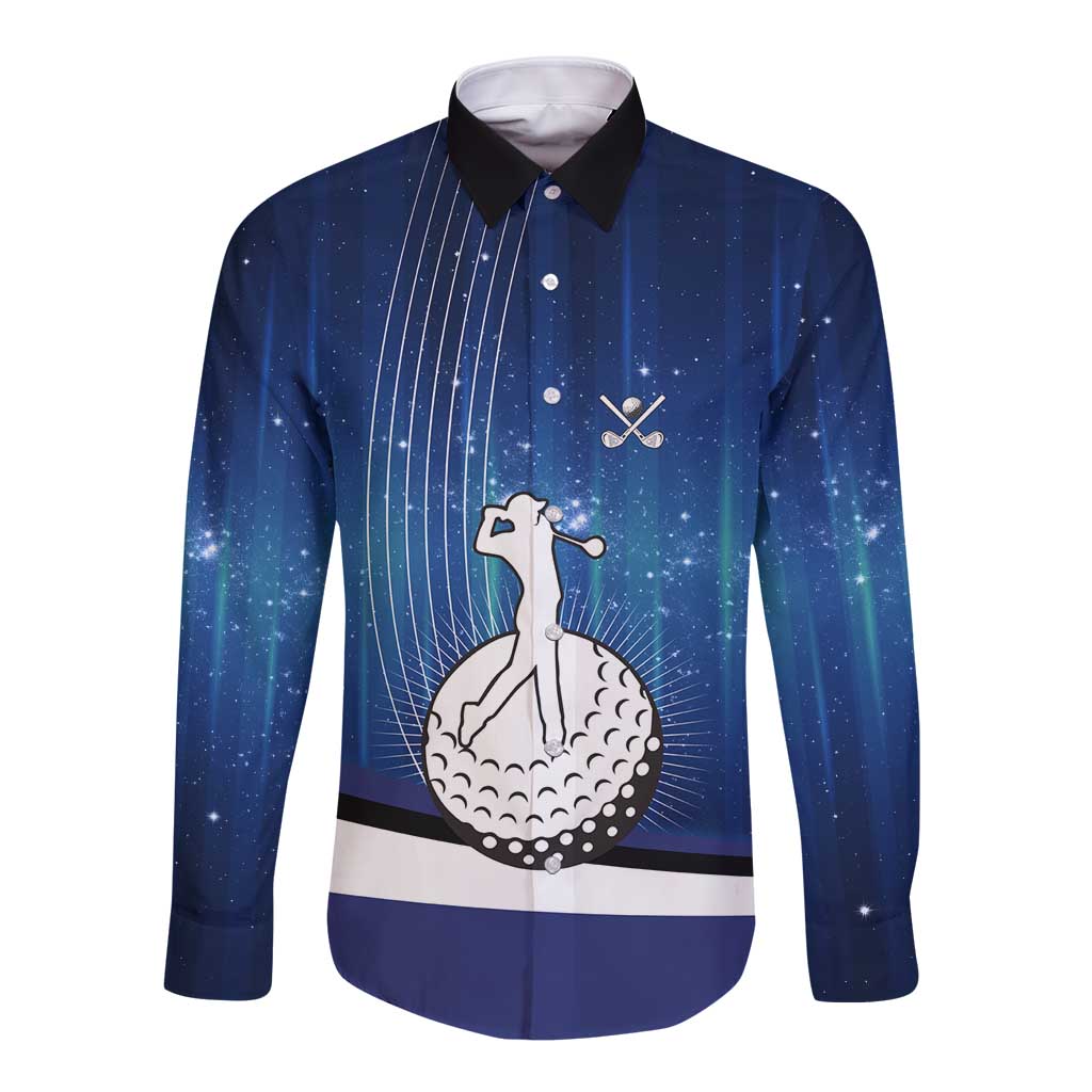 Custom Galaxy Golf Long Sleeve Button Shirt with Golfer Silhouette, Golf Ball Design - Wonder Print Shop