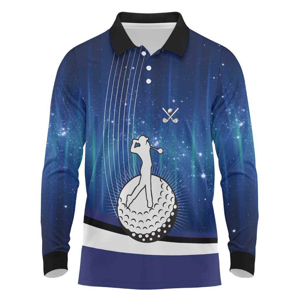 Custom Galaxy Golf Long Sleeve Polo Shirt with Golfer Silhouette, Golf Ball Design - Wonder Print Shop