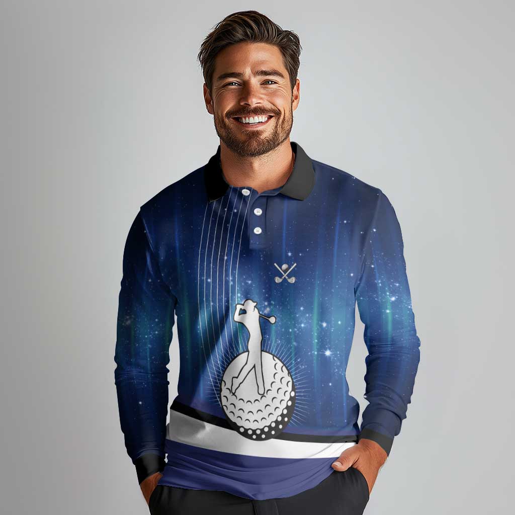 Custom Galaxy Golf Long Sleeve Polo Shirt with Golfer Silhouette, Golf Ball Design - Wonder Print Shop