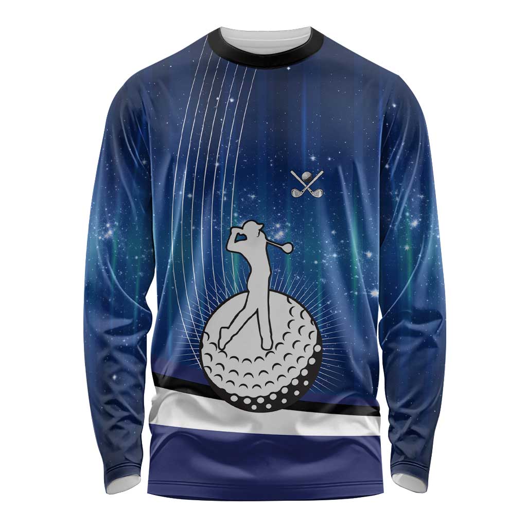 Custom Galaxy Golf Long Sleeve Shirt with Golfer Silhouette, Golf Ball Design - Wonder Print Shop