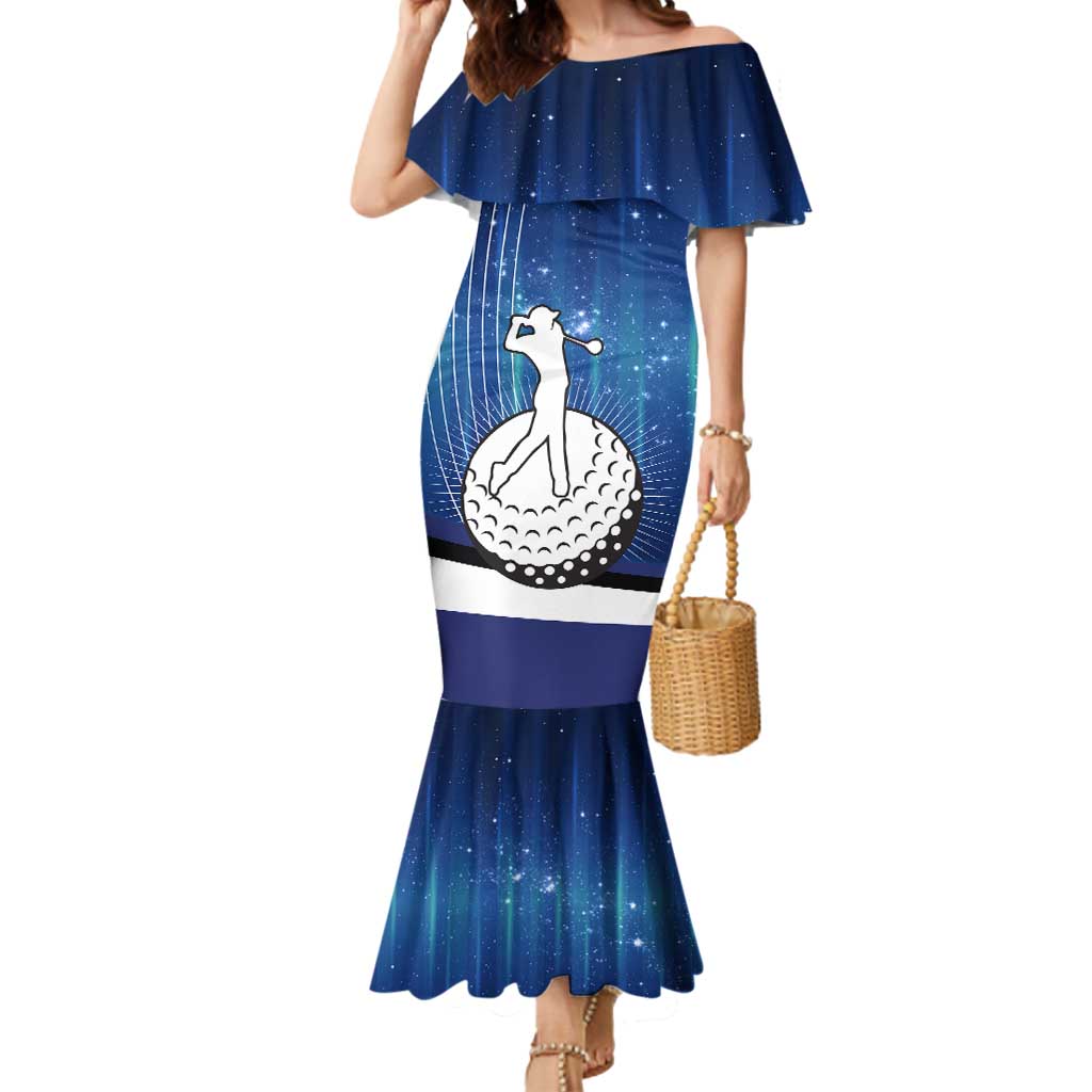 Custom Galaxy Golf Mermaid Dress with Golfer Silhouette, Golf Ball Design - Wonder Print Shop
