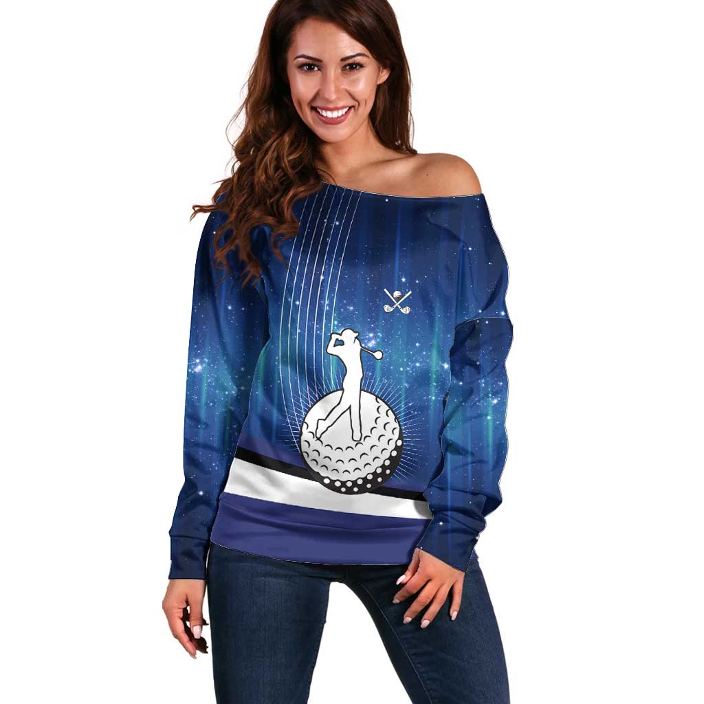 Custom Galaxy Golf Off Shoulder Sweater with Golfer Silhouette, Golf Ball Design - Wonder Print Shop