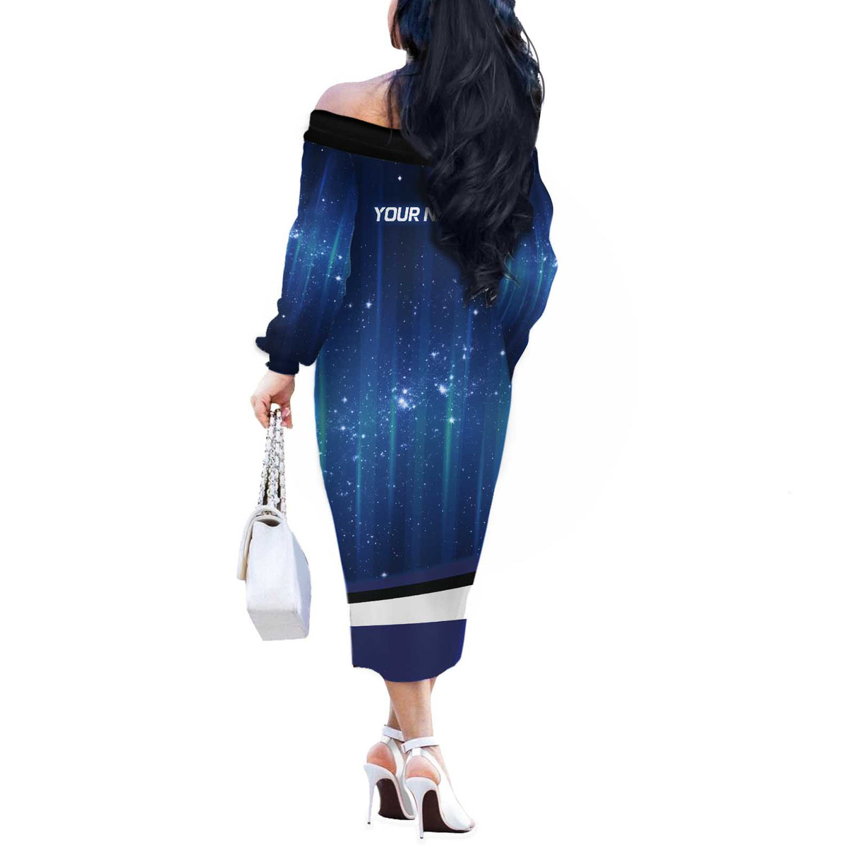 Custom Galaxy Golf Off The Shoulder Long Sleeve Dress with Golfer Silhouette, Golf Ball Design - Wonder Print Shop