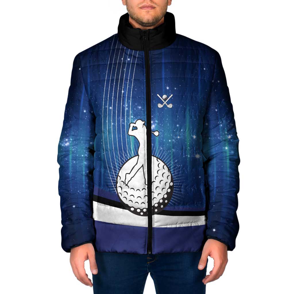 Custom Galaxy Golf Padded Jacket with Golfer Silhouette, Golf Ball Design - Wonder Print Shop