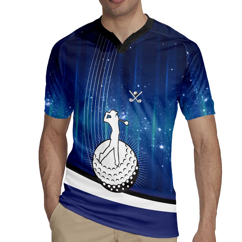 Custom Galaxy Golf Rugby Jersey with Golfer Silhouette, Golf Ball Design - Wonder Print Shop